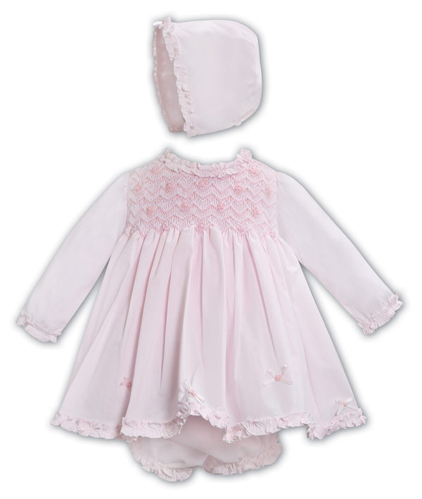 Sarah Louise Pink Hand Smocked Dress, Pants & Bonnet Set - 013347