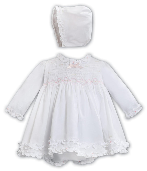 Sarah Louise White & Pink Hand Smocked Dress, Pants & Bonnet Set - 013348