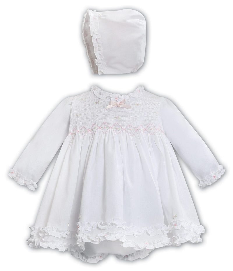 Sarah Louise White & Pink Hand Smocked Dress, Pants & Bonnet Set - 013348