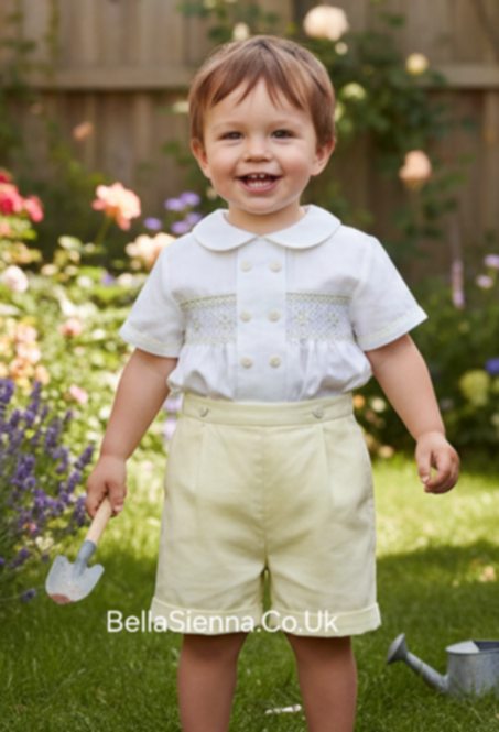 Sarah Louise White & Lemon Boys Hand Smocked Outfit - 013354
