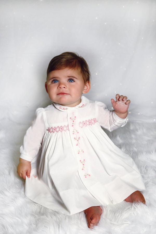 Sarah Louise Ivory & Rose Pink Hand Smocked Dress - 013356