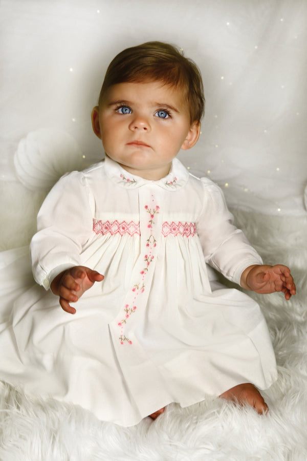 Sarah Louise Ivory & Rose Pink Hand Smocked Dress - 013356