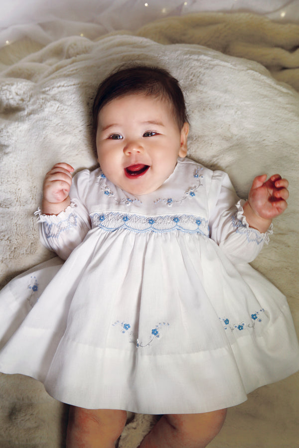 Sarah Louise White & Blue Hand Smocked Dress - 013362