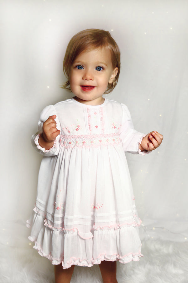 Sarah Louise White & Pink Hand Smocked Dress - 013364
