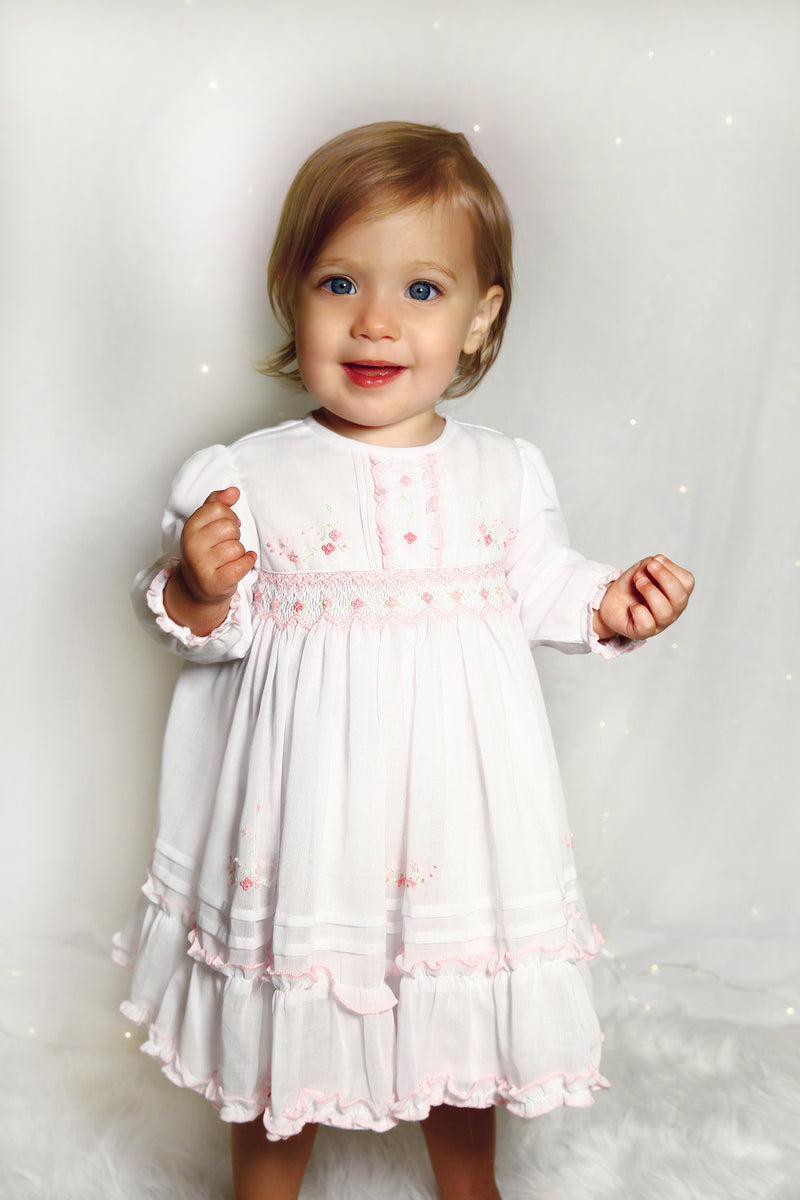 Sarah Louise White & Pink Hand Smocked Dress - 013364