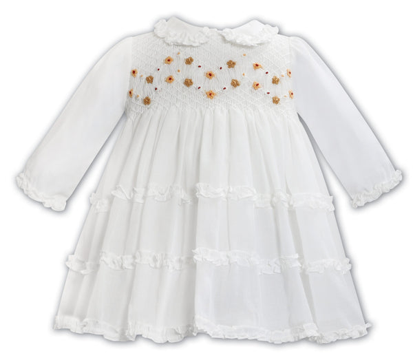 Sarah Louise Ivory & Gold Voile Hand Smocked Dress - 013369