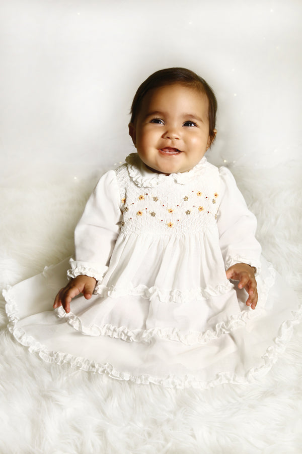 Sarah Louise Ivory & Gold Voile Hand Smocked Dress - 013369