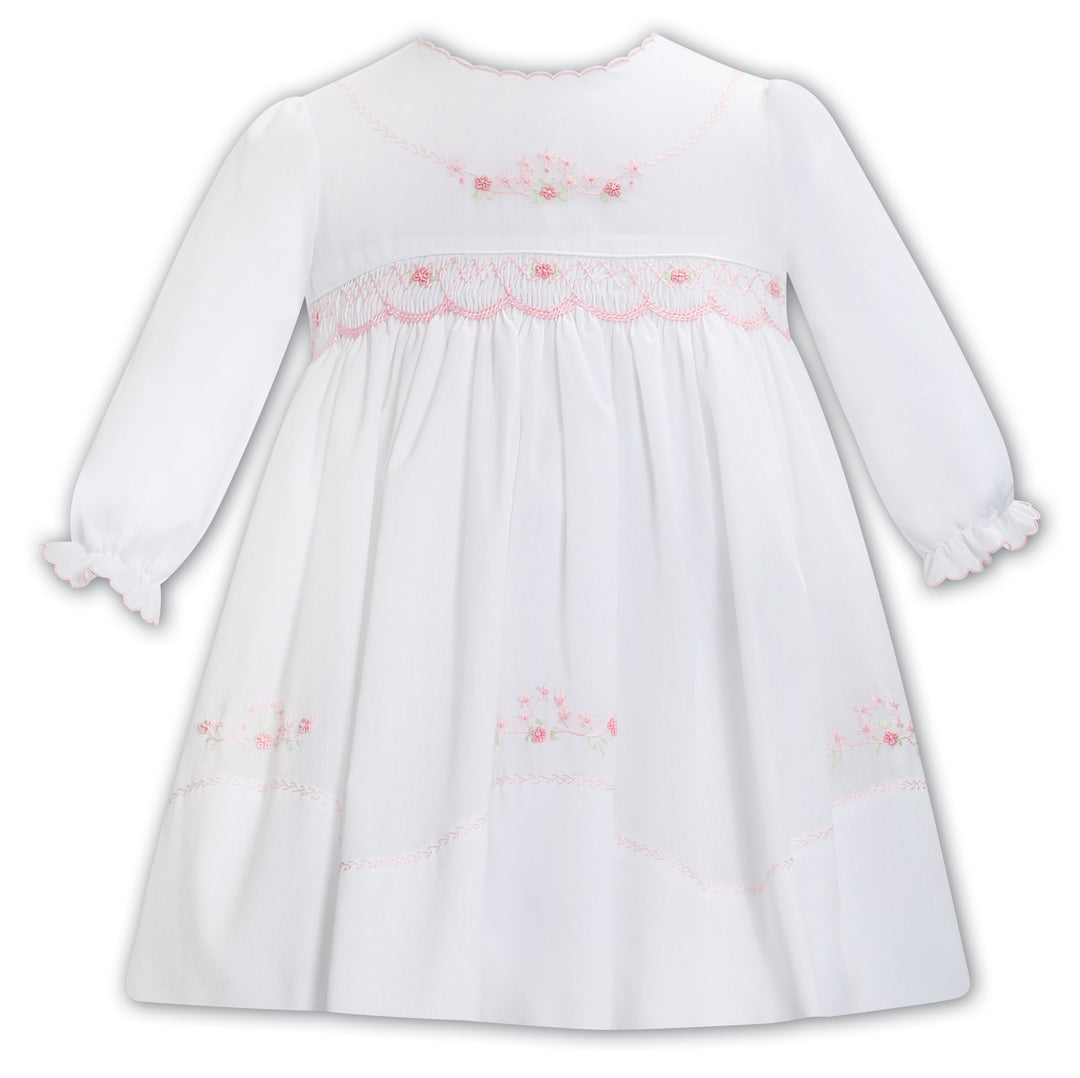 Sarah Louise White & Pink Hand Smocked Dress - 013370