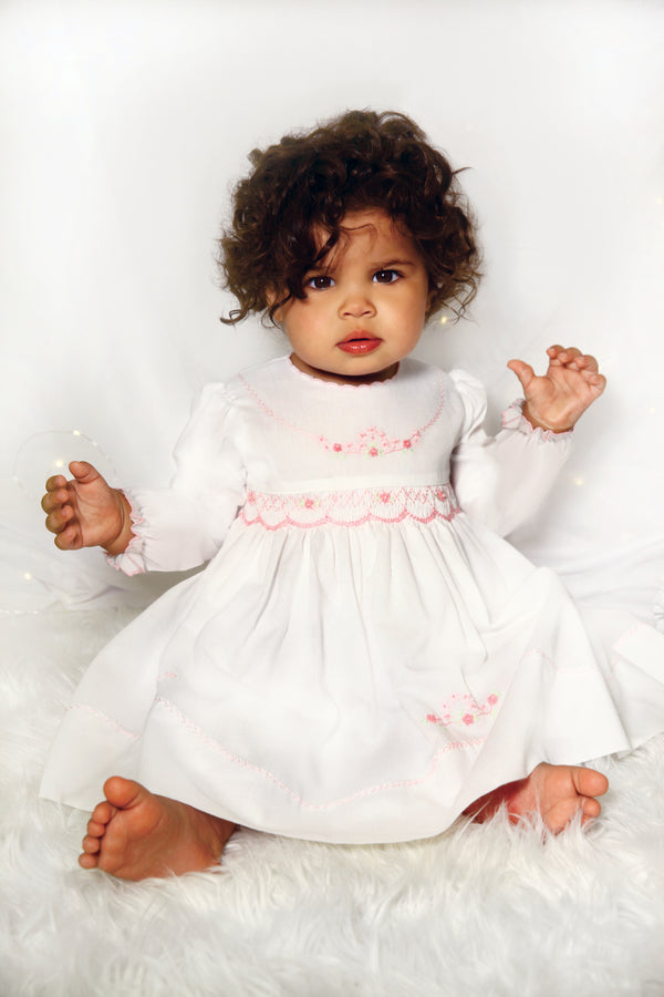Sarah Louise White & Pink Hand Smocked Dress - 013370