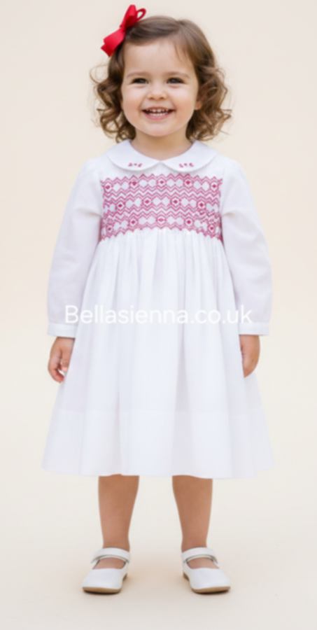 Sarah Louise White & Red Hand Smocked Dress - 013389