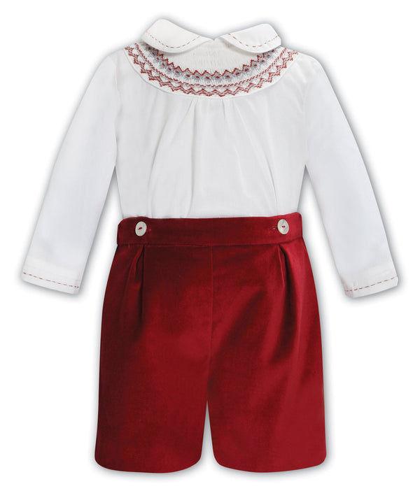 Boys Two Piece Hand Smocked Shirt & Velvet Shorts Set - Ivory & Burgundy - 013431