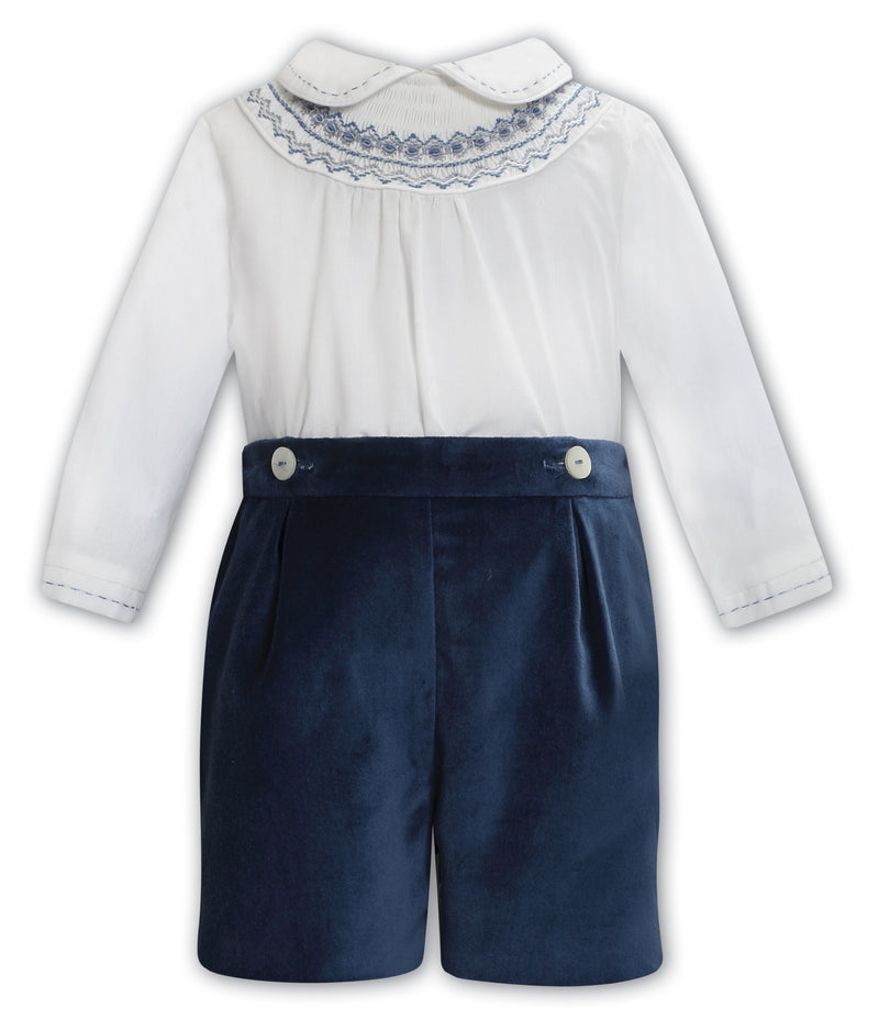Boys Two Piece Hand Smocked Shirt & Velvet Shorts Set - Ivory & French Navy - 013431