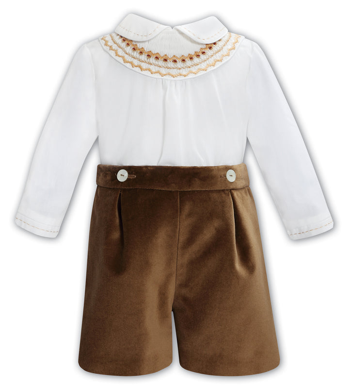 Boys Two Piece Hand Smocked Shirt & Velvet Shorts Set - Ivory & Gold - 013431