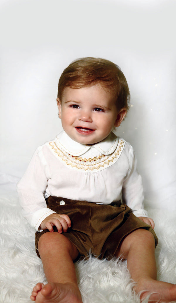 Boys Two Piece Hand Smocked Shirt & Velvet Shorts Set - Ivory & French Navy - 013431