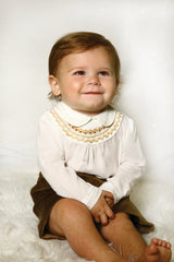 Boys Two Piece Hand Smocked Shirt & Velvet Shorts Set - Ivory & French Navy - 013431