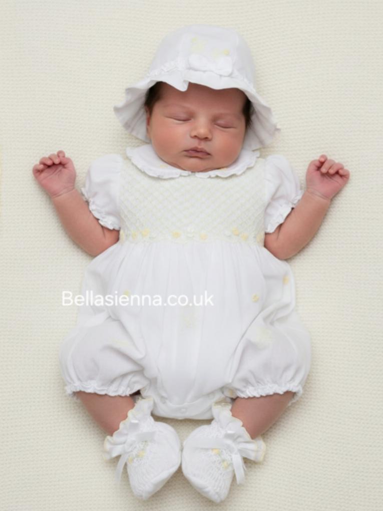 Sarah Louise White & Lemon Bubble Romper & Sun Hat - 013572