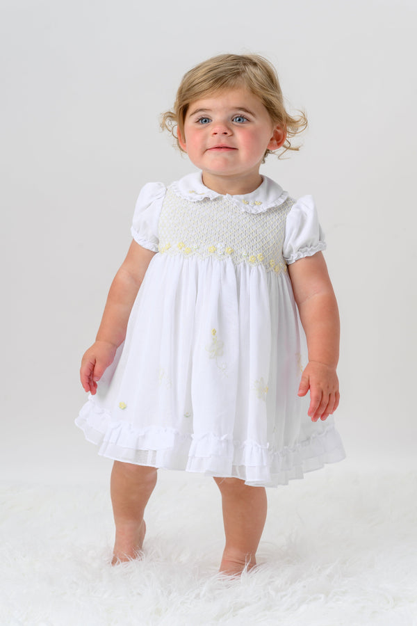 Sarah Louise White & Lemon Hand Smocked Voile Dress - 013573
