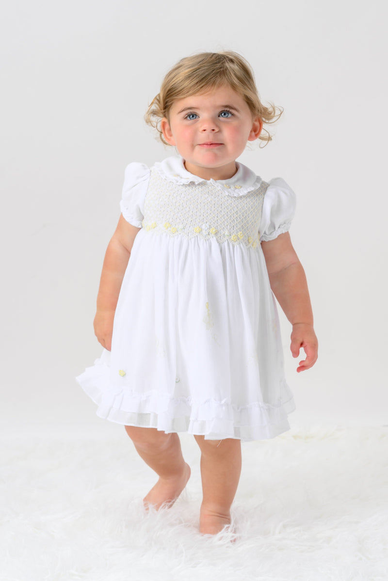 Sarah Louise White & Lemon Hand Smocked Voile Dress - 013573