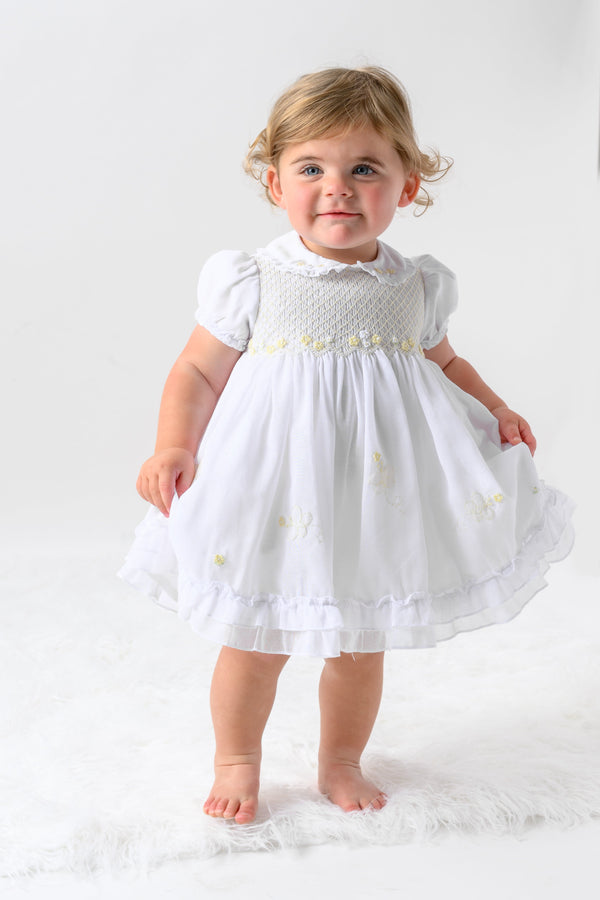 Sarah Louise White & Lemon Hand Smocked Voile Dress - 013573