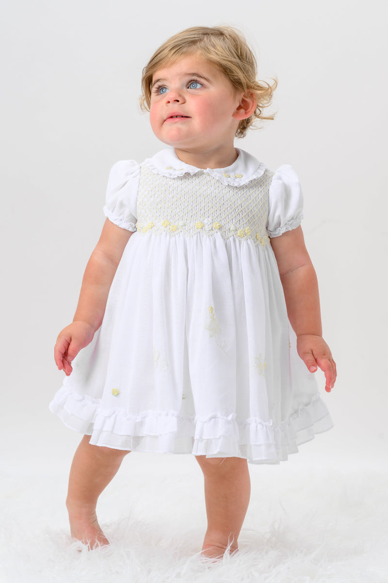 Sarah Louise White & Lemon Hand Smocked Voile Dress - 013573