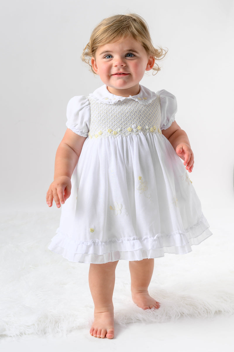 Sarah Louise White & Lemon Hand Smocked Voile Dress - 013573