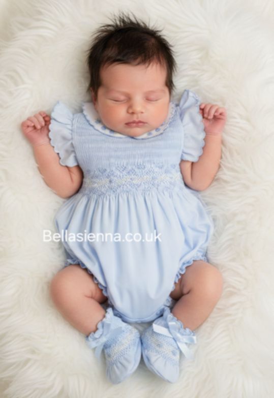 Sarah Louise Blue & White Hand Smocked Girls Romper - 013575