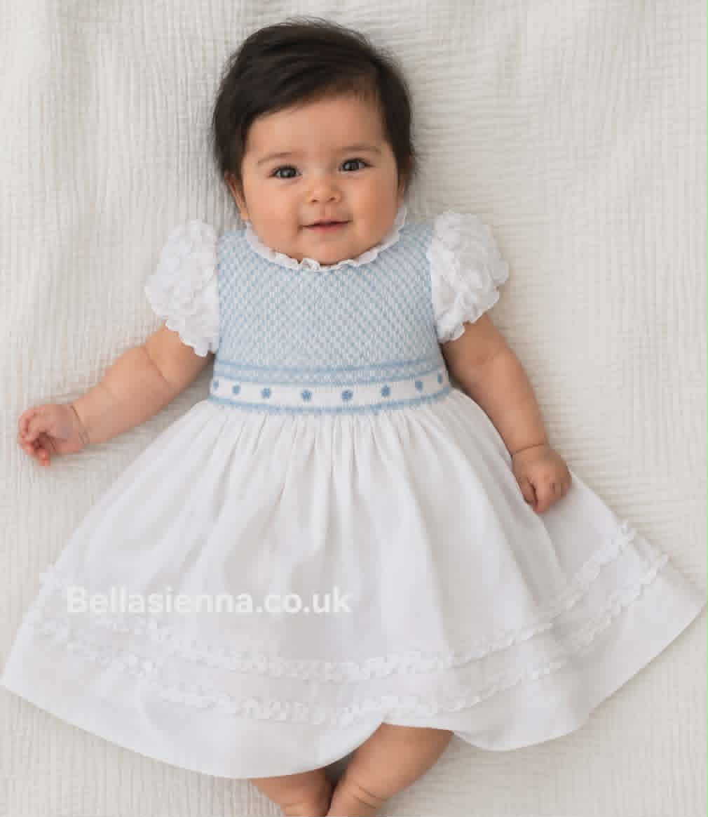 Sarah Louise White & Blue Hand Smocked Dress - 013619