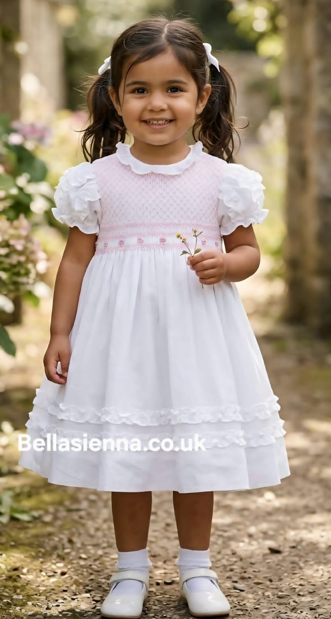 Sarah Louise White & Pink Hand Smocked Dress - 013619