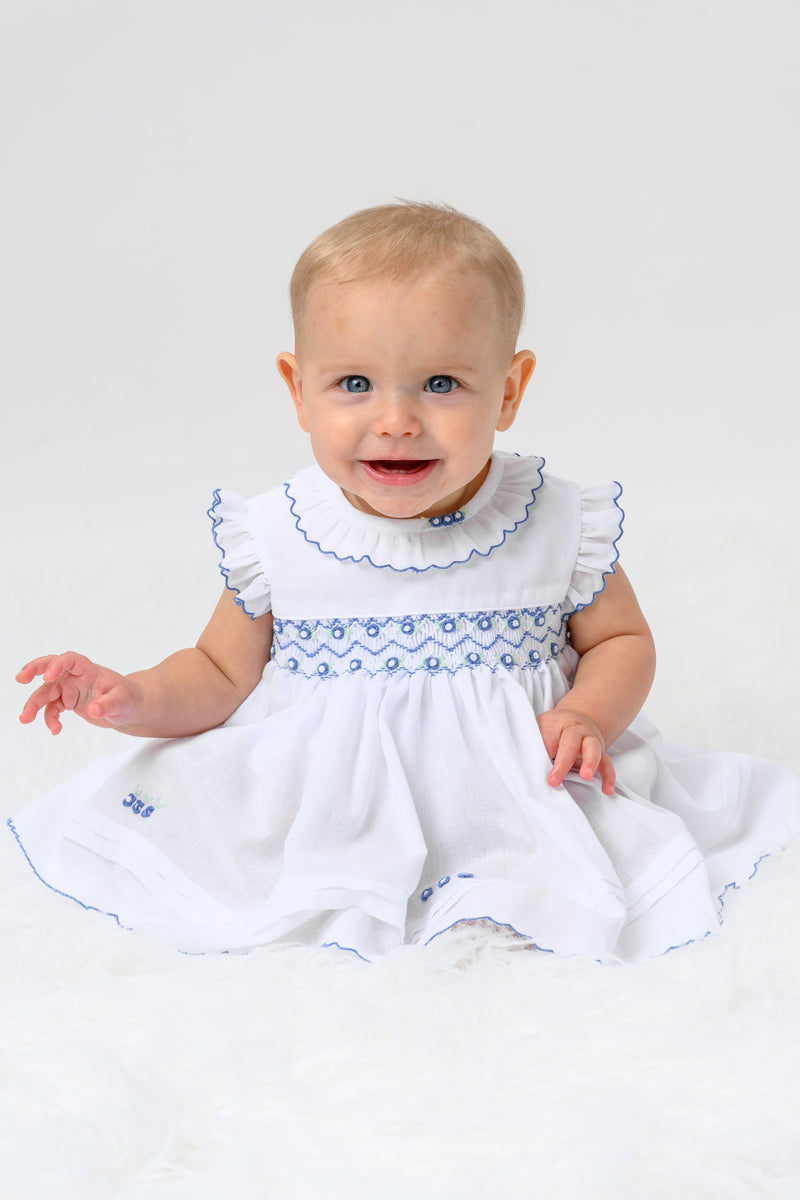 Sarah Louise White & Cornflower Blue Hand Smocked Dress & Pants Set - 013652
