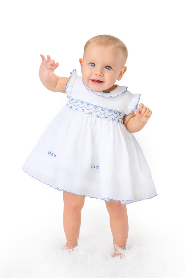 Sarah Louise White & Cornflower Blue Hand Smocked Dress & Pants Set - 013652