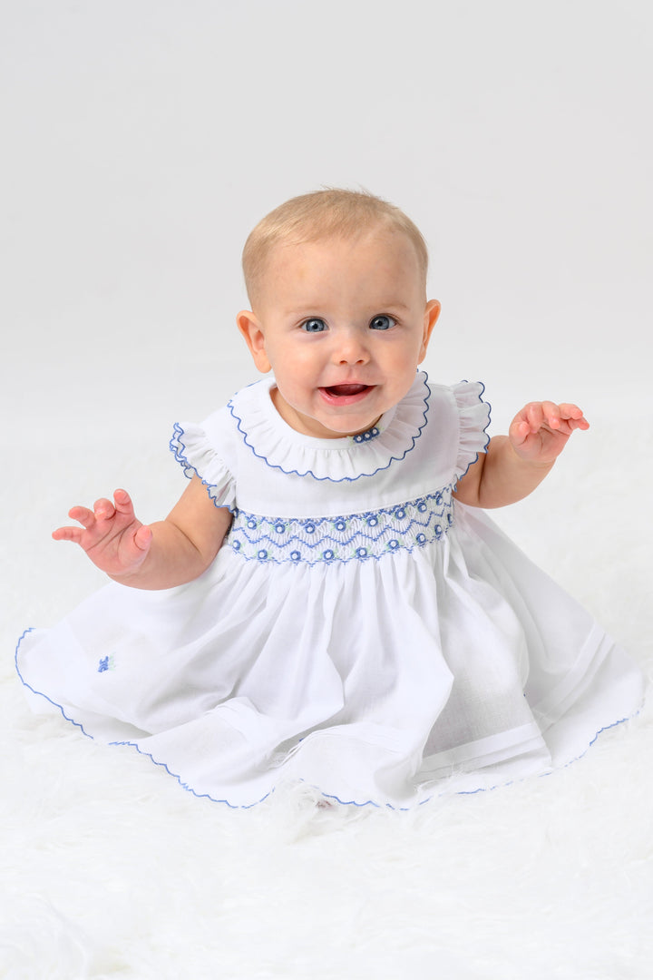 Sarah Louise White & Cornflower Blue Hand Smocked Dress & Pants Set - 013652