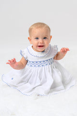 Sarah Louise White & Cornflower Blue Hand Smocked Dress & Pants Set - 013652