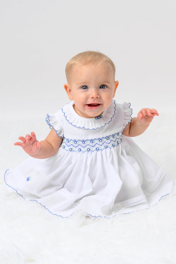 Sarah Louise White & Cornflower Blue Hand Smocked Dress & Pants Set - 013652