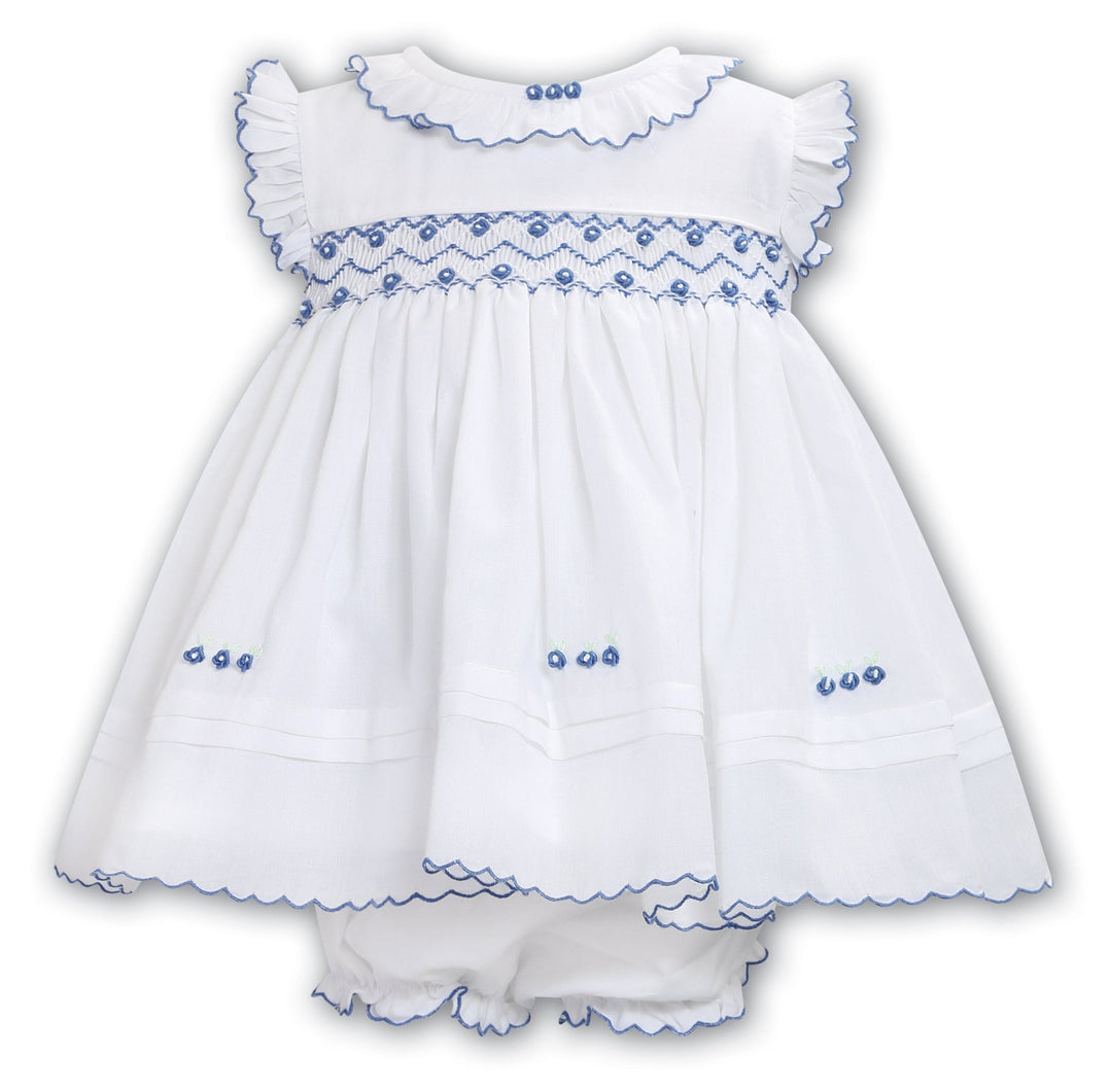 Sarah Louise White & Cornflower Blue Hand Smocked Dress & Pants Set - 013652
