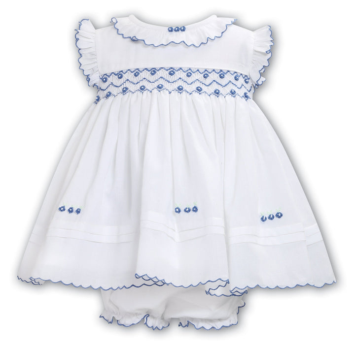 Sarah Louise White & Cornflower Blue Hand Smocked Dress & Pants Set - 013652