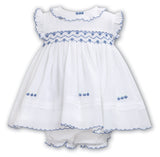 Sarah Louise White & Cornflower Blue Hand Smocked Dress & Pants Set - 013652
