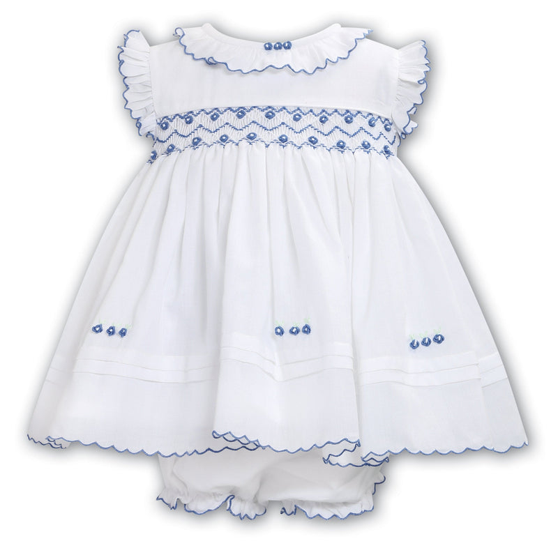 Sarah Louise White & Cornflower Blue Hand Smocked Dress & Pants Set - 013652