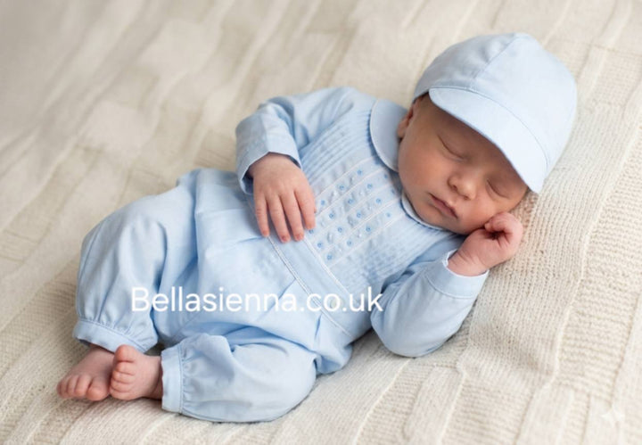 Sarah Louise Boys Blue & White Romper & Cap - 013671
