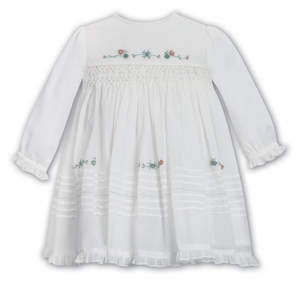 Sarah Louise Ivory & Sage Green Hand Smocked & Embroidered Dress - 013678