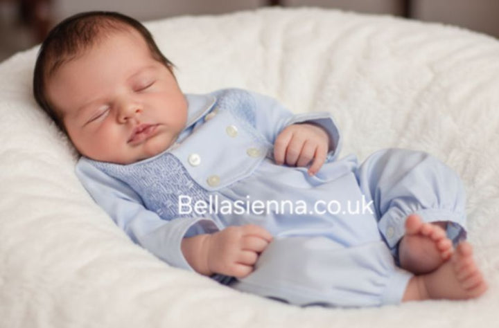 Sarah Louise Boys Blue & White Hand Smocked Romper- 013682