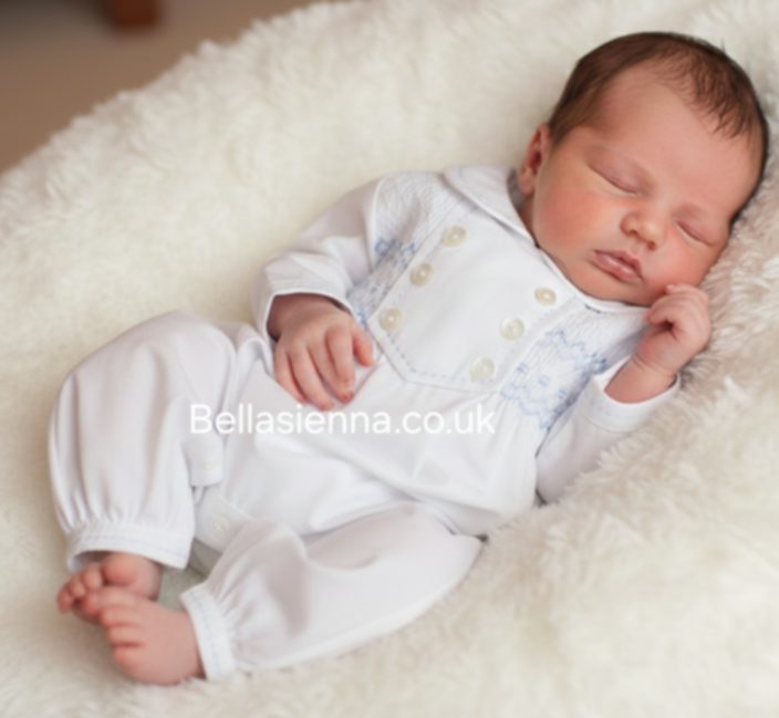 Sarah Louise White & Baby Blue Hand Smocked Romper - 013682