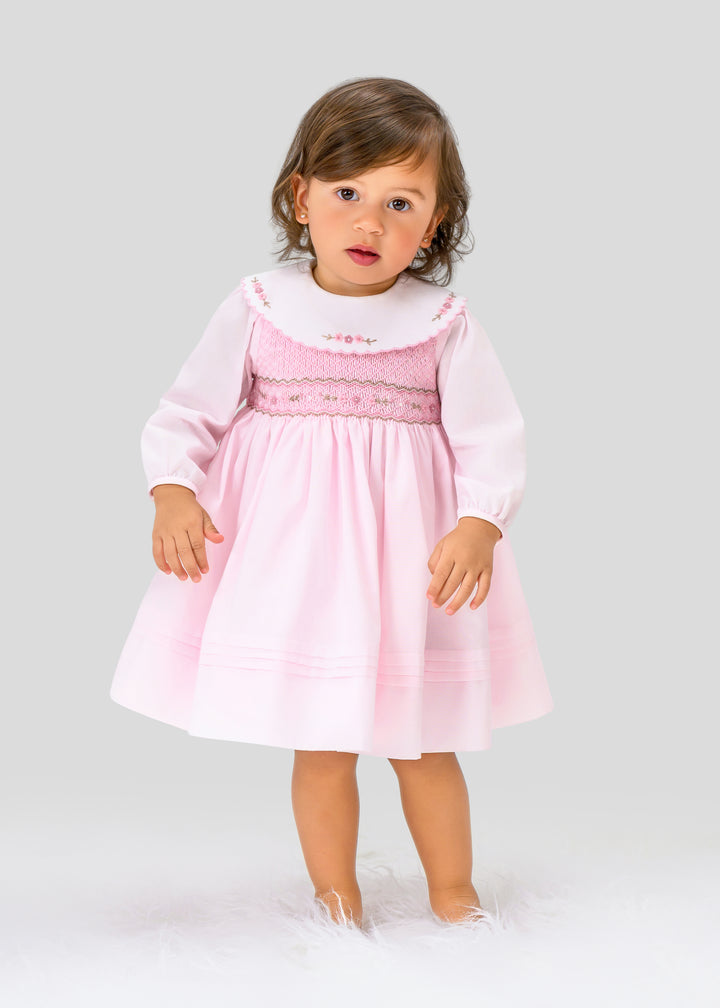 Sarah Louise Pink & Beige Hand Smocked Dress - 013687