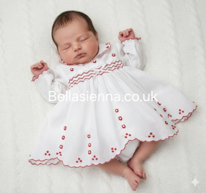 Sarah Louise White & Red Hand Smocked Dress & Pants Set- 013708 - 013350