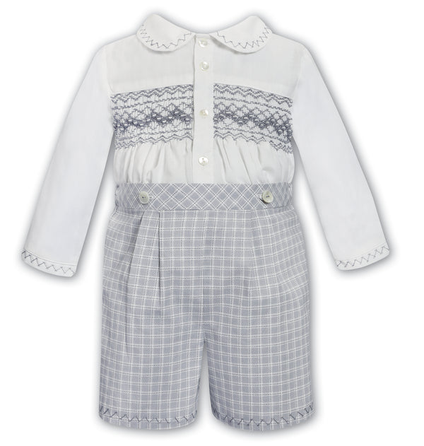 Sarah Louise Boys Ivory & Slate Grey Hand Smocked Outfit - 013723
