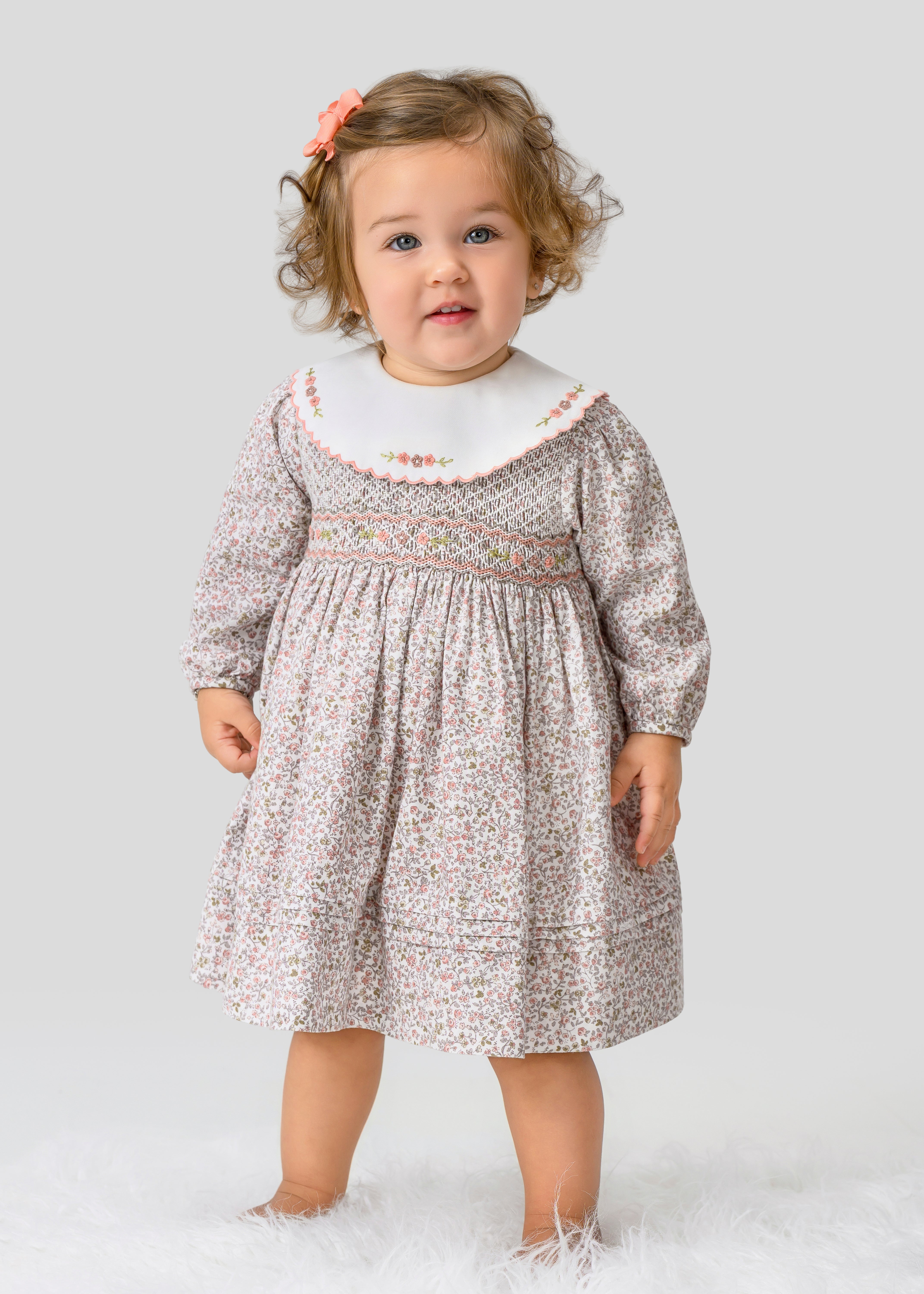 Sarah Louise Ivory & Terracotta Hand Smocked Floral Dress - 013729