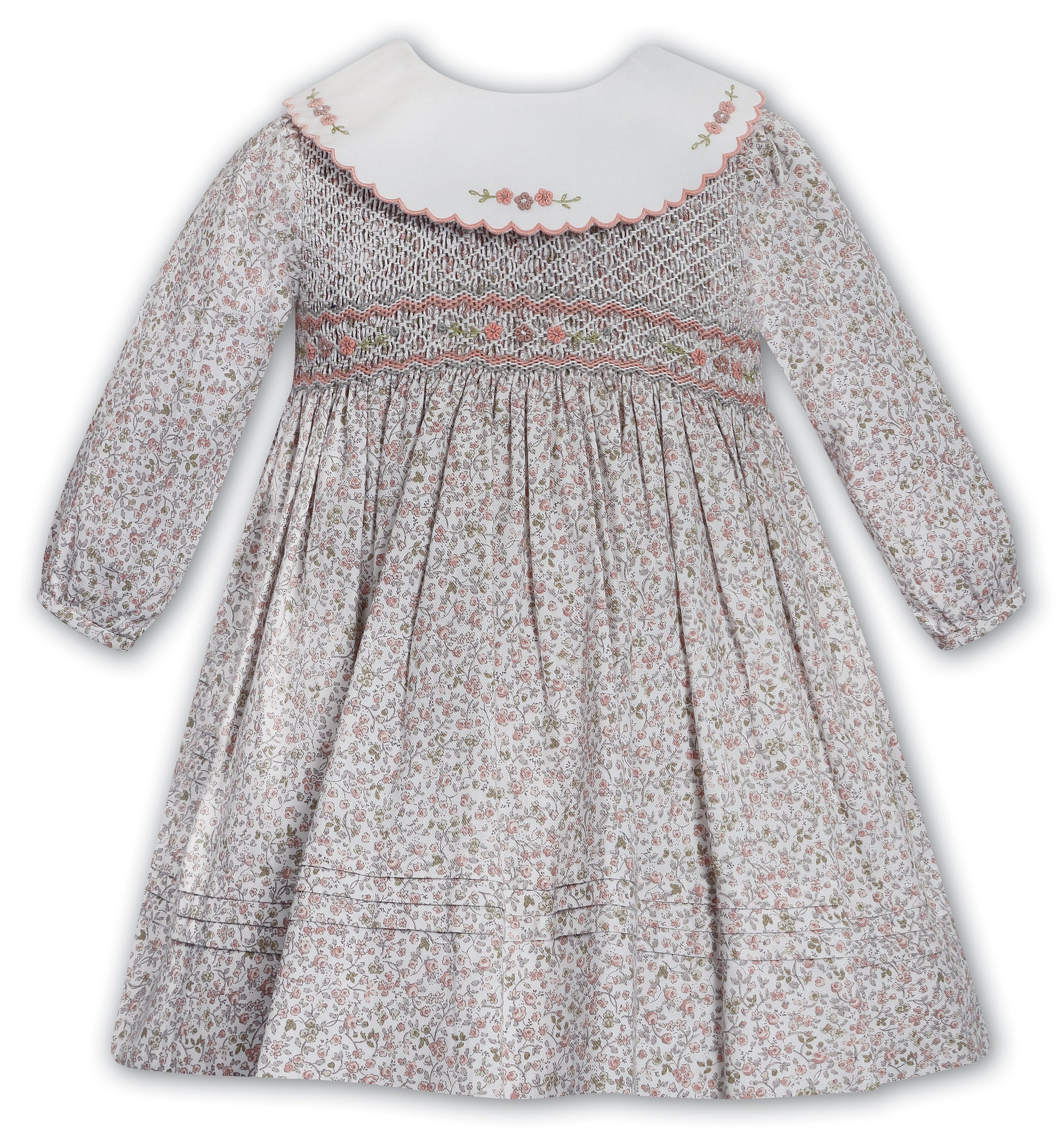 Sarah Louise Ivory & Terracotta Hand Smocked Floral Dress - 013729