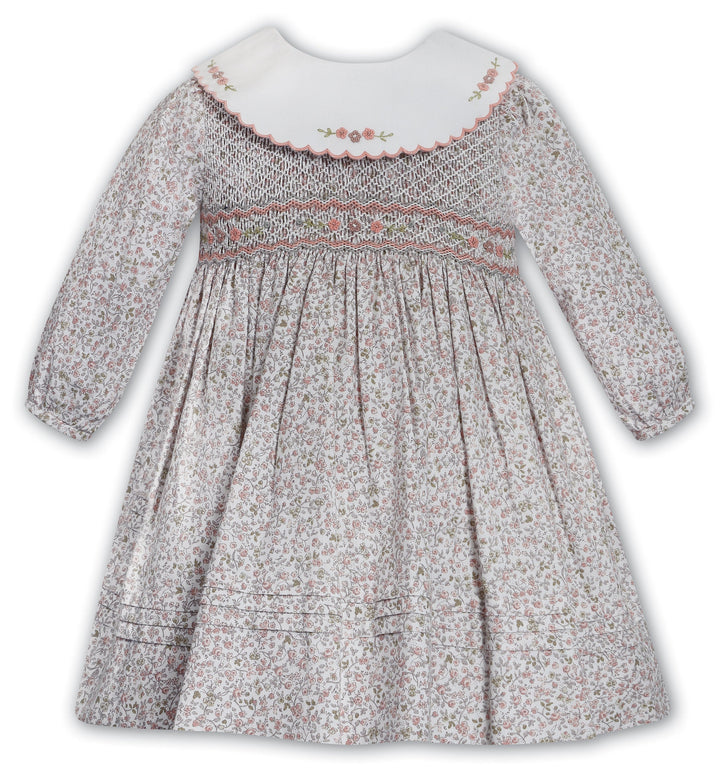 Sarah Louise Ivory & Terracotta Hand Smocked Floral Dress - 013729