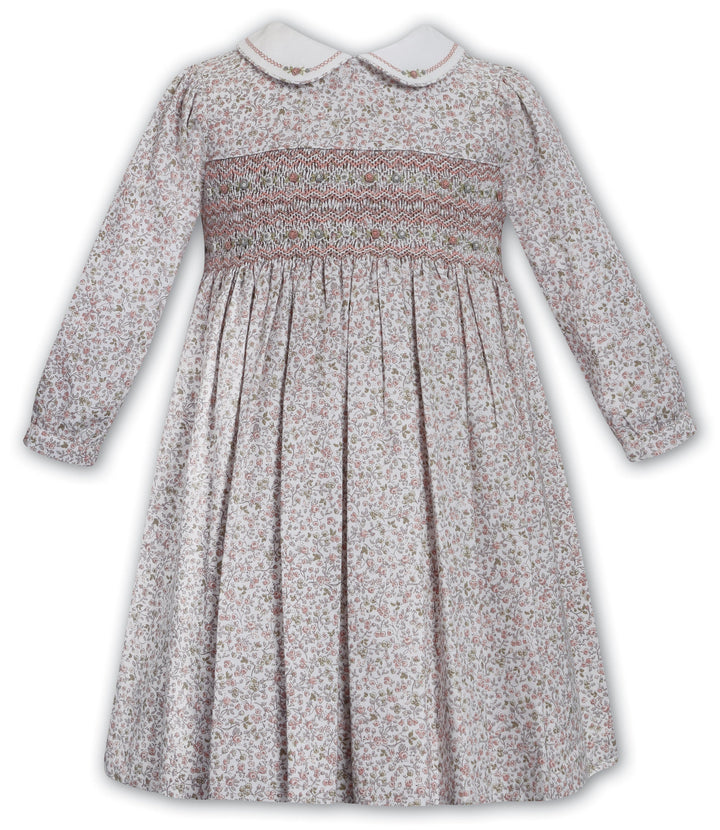 Sarah Louise Ivory & Terracotta Hand Smocked Floral Dress - 013730