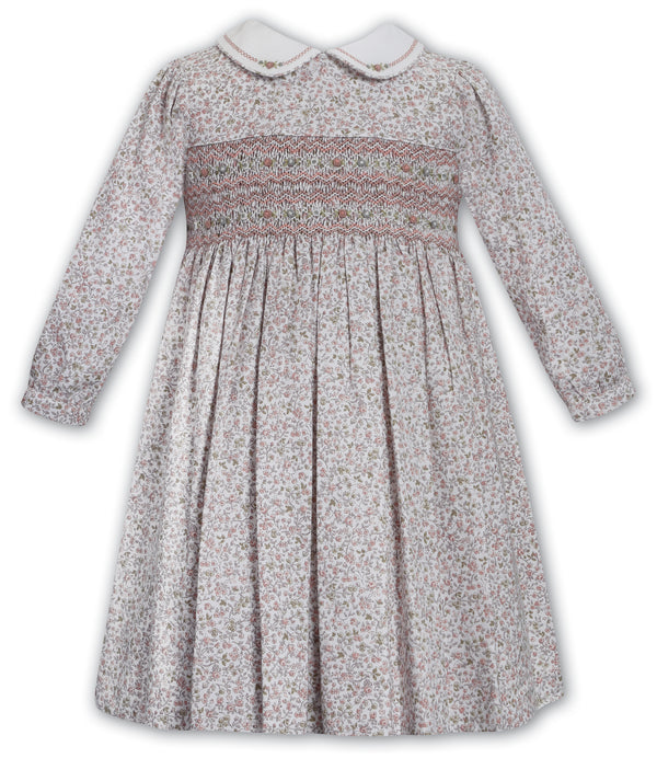 Sarah Louise Ivory & Terracotta Hand Smocked Floral Dress - 013730