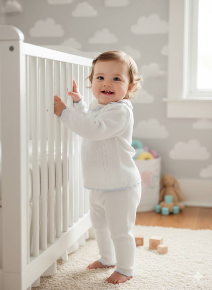 Sarah Louise Ivory & Blue Hand Embroidered Knitted Two Piece Set - 013741